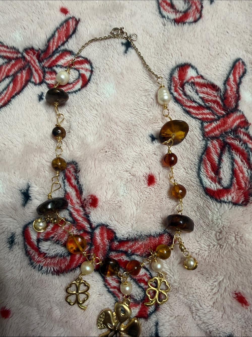 Gold-Tone Amber Bead & Pearl Charm Necklace with Clover Accents